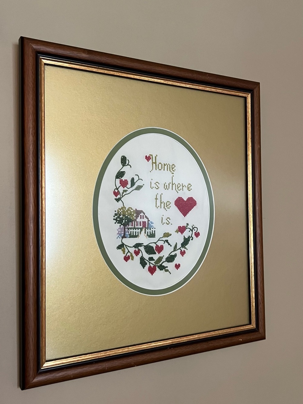 Framed Vintage Cross Stitched Home is Where the Heart Is Wall Art - Gold Brown